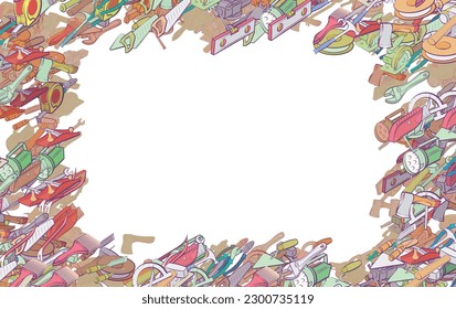 Background pattern abstract design texture. Repair and Building tools. Border frame, transparent background. Theme is about wooden, wrench, nailing, paper cutter, woodcutter, hammer, shavings