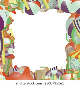 Background pattern abstract design texture. Border frame, transparent background. Theme is about composition, diving, cartoon, ball, lifebuoy, beach, tube, tropical, ocean, starfish, sea