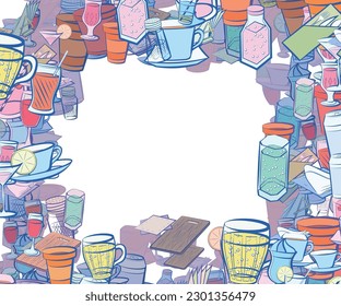 Background pattern abstract design texture. Drinks and Table setting. Border frame, transparent background. Theme is about soda can, spoon, container, napkin holder, beer, drinking straw