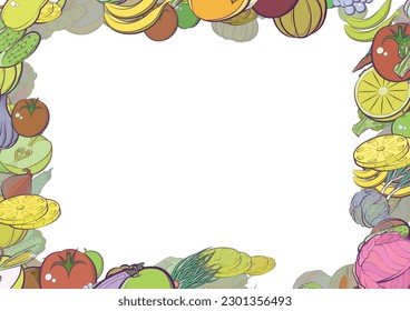 Background pattern abstract design texture. Health food and Fruits. Border frame, transparent background. Theme is about zucchini, shell, pieces, spring onions, fetus, branch, fruit, garlic head