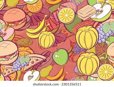 Background pattern abstract design texture. Seamless. Fruits and American food. Theme is about lobules, hamburger, piece, fetus, bakery products, round grapes, slices, bunch, Apple, potato