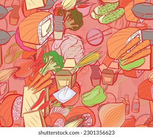 Background pattern abstract design texture. Seamless. Japanese food and Health food. Theme is about a stack, egg, in the leaves, vitamins, small, tea, cucumbers, the harvest, whole garlic