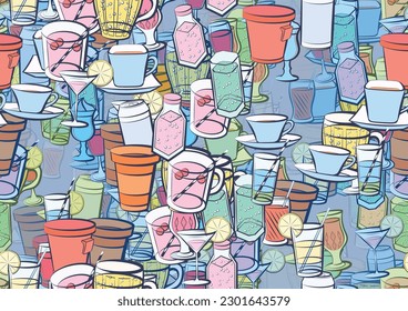 Background pattern abstract design texture. Seamless. Drinks. Theme is about drink, soda, cherries, compote, coffee, drinking tube, plastic, bottle, saucer, citrus, cream, Martini, bubbles
