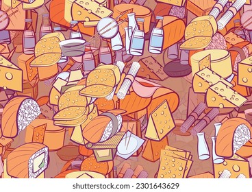 Background pattern abstract design texture. Seamless. Cheeses and Japanese food. Theme is about triangle, water bottles, roll salmon, cup, chunks, cut off, chunk a piece, soba, sauce bottle