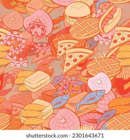 Background pattern abstract design texture. Seamless. American food and Seafood. Theme is about french fries, cheese, shrimp, fish, lobster, piece, oceanic, crab, mussels, steak, cutlet