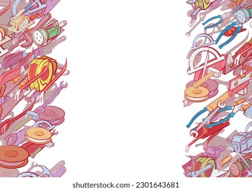 Background pattern abstract design texture. Building tools and Repair. Vertical seamless stripes. Border frame, transparent background. Theme is about mount, froze, pliers, protractor, carpenter
