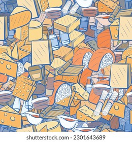 Background pattern abstract design texture. Seamless. Japanese food and Cheeses. Theme is about water bottles, packet, monolithic, cup, triangle, cut out, no holes, piece of cheese, wok