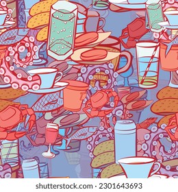 Background pattern abstract design texture. Seamless. Seafood and Drinks. Theme is about nautical, cheese, beer, bubbles, glass, cream, thread, aluminum, royal, mussels, hot drink, saucer