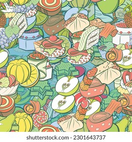 Background pattern abstract design texture. Seamless. Fruits and Snacks. Theme is about bunch, tartlet, jelly, pancake, cut, wrapped up, lettuce leaf, covered, meat, filling, peel, pear