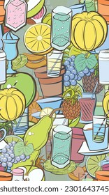 Background pattern abstract design texture. Seamless. Fruits and Drinks. Theme is about cardboard, orange, tea, berries, fruit, coffee, wineglass, kvass, half, lemon, cup, plastic, cocktail