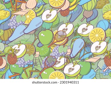 Background pattern abstract design texture. Seamless. Tennis and Fruits. Theme is about game, branch, orange, berries, fruit, tennis balls, bananas, tennis racket, net, incision, whole, Apple