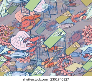 Background pattern abstract design texture. Seamless. Table setting and Seafood. Theme is about napkin, container, shell, nautical, tentacle, big, octopus, crab, cloth napkin, napkin holder