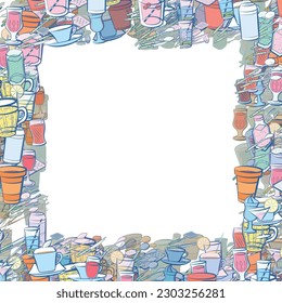 Background pattern abstract design texture. Cutlery and Drinks. Border frame, transparent background. Theme is about meat fork, beer, knife, soda, tea, drinking tube, whisk, ice cream