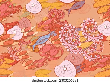 Background pattern abstract design texture. Seamless. Seafood. Theme is about shell, squid, nautical, fish, tentacle, crab, big, shrimp, octopus, lobster, cheese, sea, claws, mussels, yummy