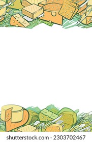 Background pattern abstract design texture. Cheeses and Cutlery. Horizontal seamless stripes. Border frame, transparent background. Theme is about briquette, thinly sliced, remnant, lies