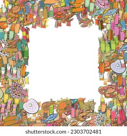 Background pattern abstract design texture. Seafood and Alcohol. Border frame, transparent background. Theme is about charming, gin, vodka, glass, multi-layered, crab, health potion, tonic
