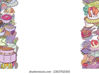 Background pattern abstract design texture. Snacks and Cutlery. Vertical seamless stripes. Border frame, transparent background. Theme is about stuffed cabbage, whisk, cheese, rice, salad