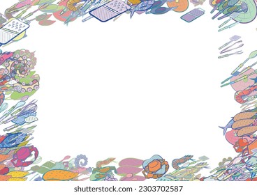 Background pattern abstract design texture. Seafood and Cutlery. Border frame, transparent background. Theme is about royal, masher, yummy, seafood, claws, whisk, Potato Maker, nautical