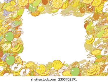 Background pattern abstract design texture. Fruits and Cutlery. Border frame, transparent background. Theme is about slices, ladle, meat hammer, leaflet, knife, fetus, couple, branch, kitchen knife