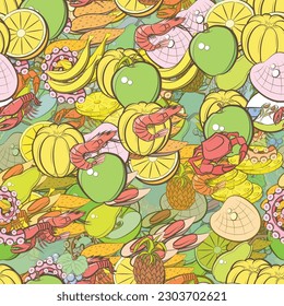 Background pattern abstract design texture. Seamless. Seafood and Fruits. Theme is about half, squid, mandarin, incision, grapes, branch, nautical, fetus, oceanic, shell, Apple, mussels