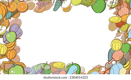 Background pattern abstract design texture. Tennis and Fruits. Border frame, transparent background. Theme is about balls, case, tennis balls, pinch, lathing, orange, bananas, round grapes