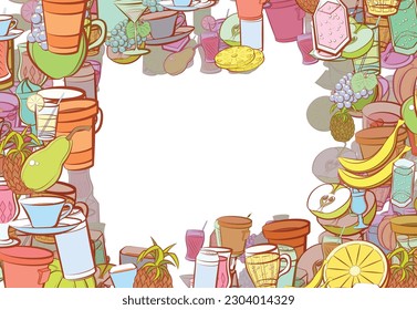 Background pattern abstract design texture. Fruits and Drinks. Border frame, transparent background. Theme is about ice cream, bananas, slices, fetus, fruit, drink, kvass, tea, pieces, branch