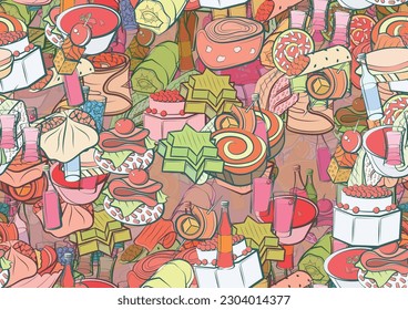 Background pattern abstract design texture. Seamless. Alcohol and Snacks. Theme is about meat, loaf, jelly, cucumber roll, salad, stuffed cabbage, mini cake, cocktail, sandwich, lettuce leaf