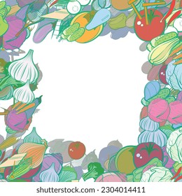 Background pattern abstract design texture. Tennis and Health food. Border frame, transparent background. Theme is about glare, tart, eggplant, hot peppers, onion feathers, pin, pinch, head of cab