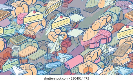 Background pattern abstract design texture. Seamless. Bakery products and Table setting. Theme is about folded, bread, roll, cutting board, cherry, baklava, divided, cloth napkin, filling