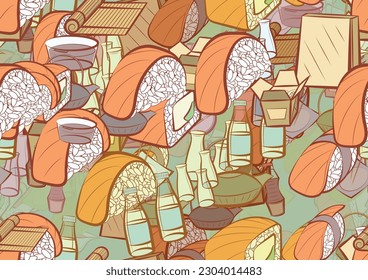 Background pattern abstract design texture. Seamless. Japanese food. Theme is about , packet, food sticks, water bottles, delivery, sauce cup, roll salmon, sauce bottle, sushi-roll, sushi