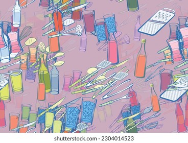 Background pattern abstract design texture. Seamless. Alcohol and Cutlery. Theme is about whisk, bottle, forty degrees, ladle, champagne, spatula, tonic, sparkling wine, soda, alcohol, meat fork