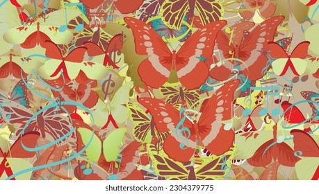 Background pattern abstract design texture. Seamless. Theme is about summer, beautiful, demisemiquaver, semibreve, art, nature, crotchet, spring, various, repeat, quaver, Monarch, colorful