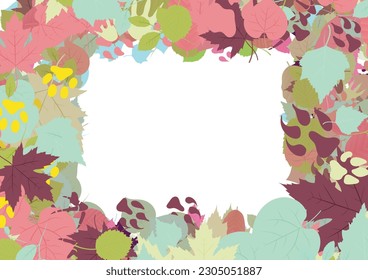 Background pattern abstract design texture. Border frame, transparent background. Theme is about , dog, cat, apple, prints, feed, birch, paws, parrot, animal tracks, tree, owl, fox, seasons