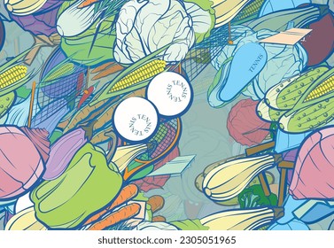 Background pattern abstract design texture. Seamless. Tennis and Health food. Theme is about washed, cooking, garlic head, peel, tennis racket, table, Chinese cabbage, a stack, the harvest