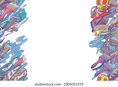 Background pattern abstract design texture. Repair and Building tools. Vertical seamless stripes. Border frame, transparent background. Theme is about length, water pipes, mounting, compression