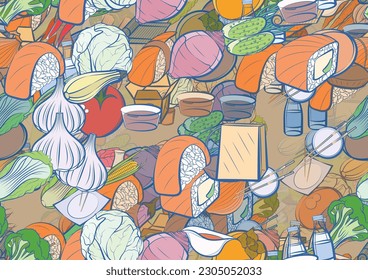 Background pattern abstract design texture. Seamless. Japanese food and Health food. Theme is about broccoli, bottles, solid, garlic head, packet, tart, fetus, in the peel, soba, cabbage