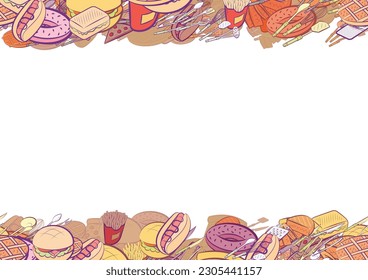 Background pattern abstract design texture. Cutlery and American food. Horizontal seamless stripes. Border frame, transparent background. Theme is about whisk, french fries, American cake