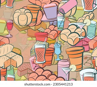 Background pattern abstract design texture. Seamless. Drinks and Bakery products. Theme is about drinking straw, saucer, slice, round, cherry, glass, aluminum, kvass, thread, plastic, cheesecake
