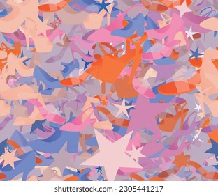 Textura de diseño abstracto de patrón de fondo. Sin inconveniente. El tema es sobre tacones altos, tacones de plataforma, arcas, chanclas, bombas, todos los días, encaje, zapatos de caminar, casual, elegante, calzado, estrellas