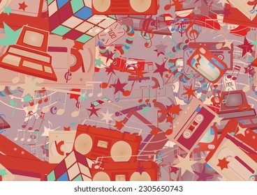 Background pattern abstract design texture. Seamless. Theme is about 80s, minim, semibreve, musuc, sweets, semiquaver, musical key, rubix cube, pager, retro, demisemiquaver, stars, effects