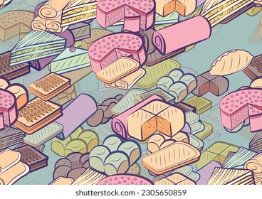 Background pattern abstract design texture. Seamless. Bakery products. Theme is about sennit, strudel, spicy, cherry, biscuit, slice, bread, roll, braid, baklava, cut, molded, sandwich, round