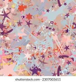 Background pattern abstract design texture. Seamless. Theme is about raker, musical key, barrette, comb, slip, salon, hairpin, quaver, notes, semiquaver, semibreve, clip, stars, shapes, bobby pin