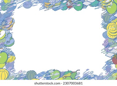 Background pattern abstract design texture. Cutlery and Fruits. Border frame, transparent background. Theme is about whisk, knife, scooped, bananas, spatula, cut, incision, masher, scoop