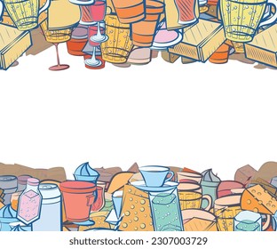Background pattern abstract design texture. Drinks and Cheeses. Horizontal seamless stripes. Border frame, transparent background. Theme is about chunks, solid, cheese, hot drink, stand