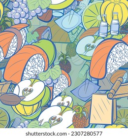 Background pattern abstract design texture. Seamless. Japanese food and Fruits. Theme is about sushi salmon, soy sauce, branch, peel, Apple, slices, fruit, berries, bananas, sushi-roll, grapes