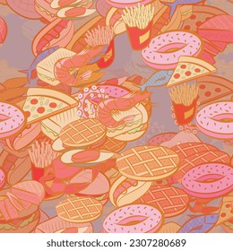 Background pattern abstract design texture. Seamless. American food and Seafood. Theme is about shrimp, cutlet, hamburger, cut, crab, tentacle, octopus, oceanic, royal, cheese, french fries