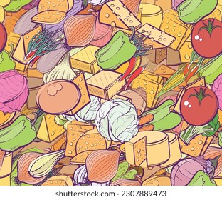 Background pattern abstract design texture. Seamless. Health food and Cheeses. Theme is about nutritious, share, many holes, eggplant, cooking, tart, persimmon, hot peppers, cut out, heads