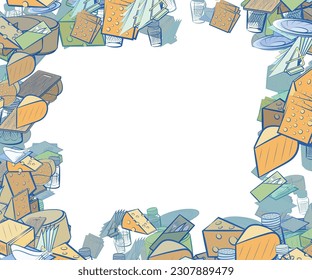 Background pattern abstract design texture. Cheeses and Table setting. Border frame, transparent background. Theme is about piece of cheese, napkins, salt shaker, big, triangle, folded