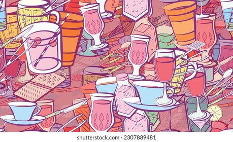 Background pattern abstract design texture. Seamless. Cutlery and Drinks. Theme is about forceps, aluminum, cherries, figured glass, wineglass, ladle, drinking tube, tea, plastic, beer