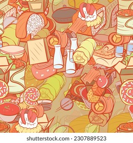 Background pattern abstract design texture. Seamless. Snacks and Japanese food. Theme is about salmon, kyusu, marshmallows, pancake, delivery, mini cake, spiral, cucumber roll, cup, cucumber